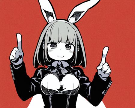 <lora:EtrianOdyssey:1>
(upper body)
(solo)
(1girl)(facing viewer)(smile)(raised hand, raised index finger)
(bunny girl)
in 
(dark hunter outfit)