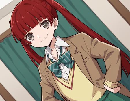 <lora:n-arisugawa-oc-ponyxl-lora-nochekaiser:1>, n-arisugawa, long hair, red hair, bangs, blunt bangs, hime cut, grey eyes, twintails, skirt, long sleeves, school uniform, jacket, miniskirt, green skirt, blazer, brown blazer, sweater vest, yellow sweater vest, bowtie, green bowtie, striped bowtie, collared shirt, ponytail, makeup, lipstick, skirt, long sleeves, school uniform, jacket, miniskirt, green skirt, blazer, brown blazer, sweater vest, yellow sweater vest, bowtie, green bowtie, striped bowtie, collared shirt,