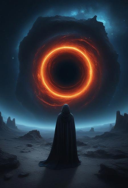 This is a digital artwork depicting a surreal, otherworldly scene. The central focus is a massive, swirling black hole with a fiery orange and red rim, surrounded by dark, swirling space debris. The black hole is located in the center of the image, encircled by a dark, cosmic void with stars and nebulae scattered across the sky. 
In the foreground, a lone figure stands on a rocky, uneven terrain, facing the black hole. The figure is dressed in a long, flowing, dark cloak that covers most of their body, suggesting a sense of mystery and isolation. The figure's face is not visible, adding to the enigmatic atmosphere.
The background features towering, jagged rock formations, some appearing to be ancient ruins, with the sky above blending into a gradient of dark blue to light blue, suggesting a transition from night to day. The textures of the rocks are rough and rugged, enhancing the desolate and alien environment.
The overall color palette is dominated by dark blues, blacks, and fiery reds, with the contrast between the figure's dark cloak and the bright, swirling black hole creating a striking visual impact. The image evokes a sense of awe and wonder, blending elements of fantasy and science fiction.
  <lora:qihuan222 (1):0.2> <lora:qihuan222 (2):0.9> <lora:qihuan222 (3):0.3>   <lora:qihuan222 (4):0.2>