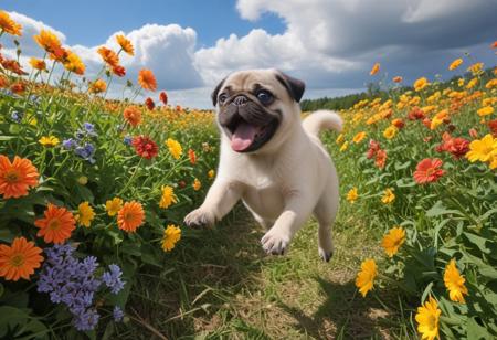 Highly detailed photograph of a pug puppy leaping through the air above a field of colorful flowers. Side view. Floppy ears, floppy tongue, big eyes, very cute, very happy, joyful. Blue sky with fluffy clouds. Bright sun, (god rays).