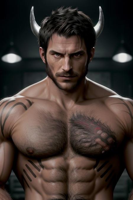 Hairy silver fit devil, shirtless, red skin