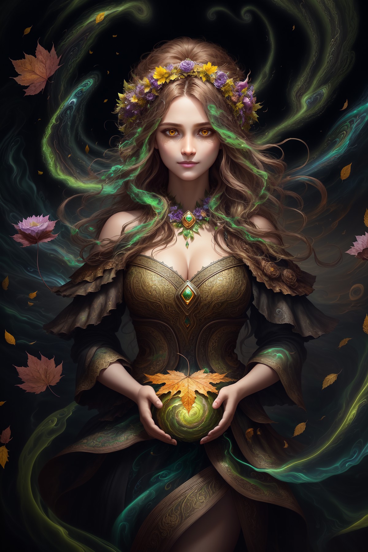 splash art of an enchanting earth spirit druid, dark brown and green two-tone hair, yellow eyes, dress made out of leaves ...