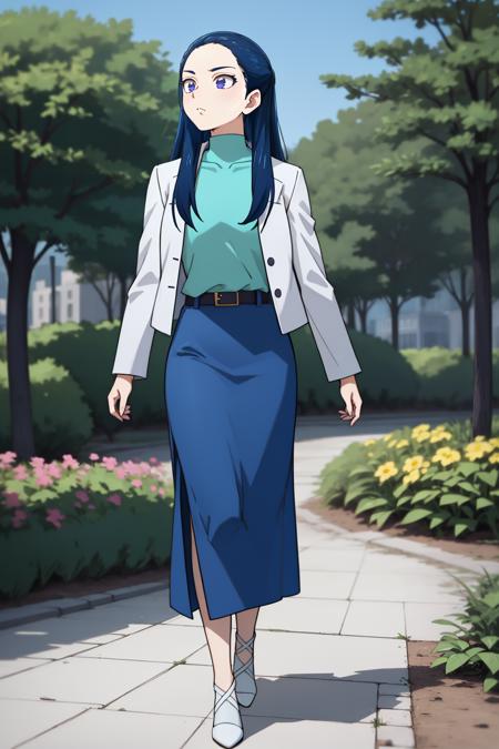 kaoru_otona white cropped jacket, cyan shirt, turtleneck, belt, blue skirt, white high heels hair ornament, hairclip