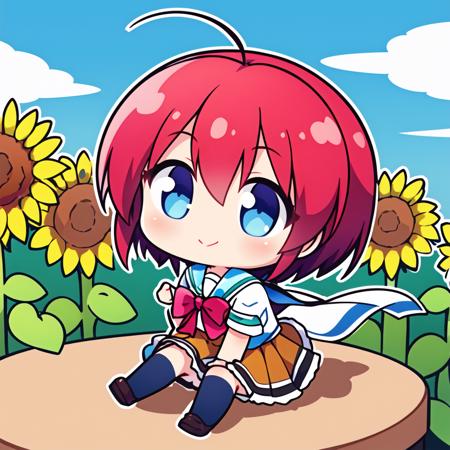 (masterpiece), best quality, chibi,
<lora:tm2_hikari_v1:0.9> tm2hikari, 1girl, solo, short hair BREAK white serafuku, short sleeves BREAK red bowtie BREAK yellow skirt BREAK socks, loafers, full body,
smile, outdoors, sunflower, day