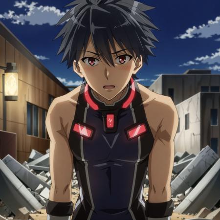 kisaragi hayato\(hundred\), variable suit\(kisaragi hayato\), sleeveless, bare shoulders, gloves, solo, looking at viewer, short hair, bangs, black hair, 1boy, hair between eyes, black gloves, male focus, rubble ruins, night