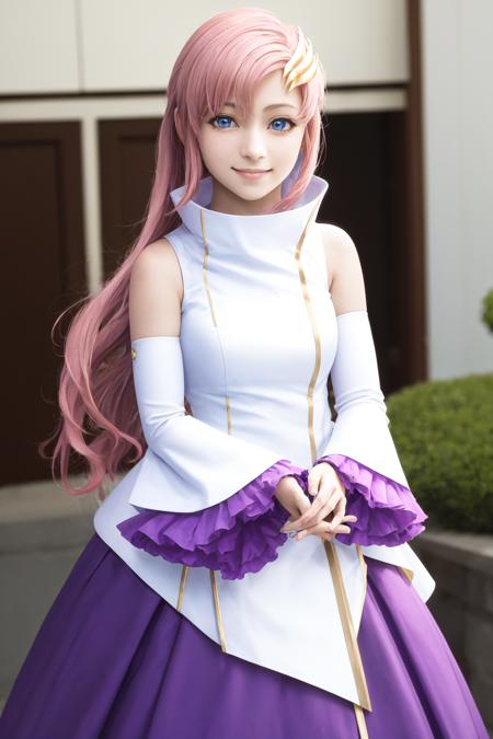 masterpiece, best quality, highres, 1girl lacus clyne pink hair blue eyes, straight hair white sleeves detached sleeves purple skirt purple frills <lora:lacus_clyne_anime_remake_purple_skirt:1> standing, smile, (photorealistic:1.2)