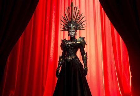 "voluptuous  Queen's Knight, standing tall and proud, wearing a dramatic spiked headdress and a black dress adorned with gold accents, positioned in front of a vibrant red curtain. The scene is set against a World Legacy in Shadow background  emphasizing the Queen's Knight as the focal point.keyhole-suit, The image captures a moment of stillness, with the Queen's Knight as a silent observer. Rendered in 4K quality with stunning details, lifelike features, and captivating lighting. The artistic style incorporates elements of Grammar Effect, Unreal Engine 5, and various digital illustration techniques, creating a cohesive and visually striking composition. The colors are harmonious, with a multi-colored palette that enhances the contemporary aesthetics of the scene. The background is attractively composed, with balanced editing and intentional focus, ensuring the Queen's Knight remains the central figure. The overall image is a masterpiece of digital art, perfect for trending on platforms like Artstation and CGSociety."
