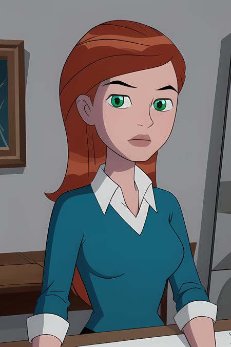 gwentennyson, (8k, RAW photo, best quality, masterpiece:1.2), (intricate details), perfect eyes, perfect face, perfect lighting, beautiful, (masterpiece:1.2), (best quality:1.2), 1girl, cartoon style, solo, redhead, green eyes, blue sweater, gray skirt, <lora:gwentennyson-10:0.85>