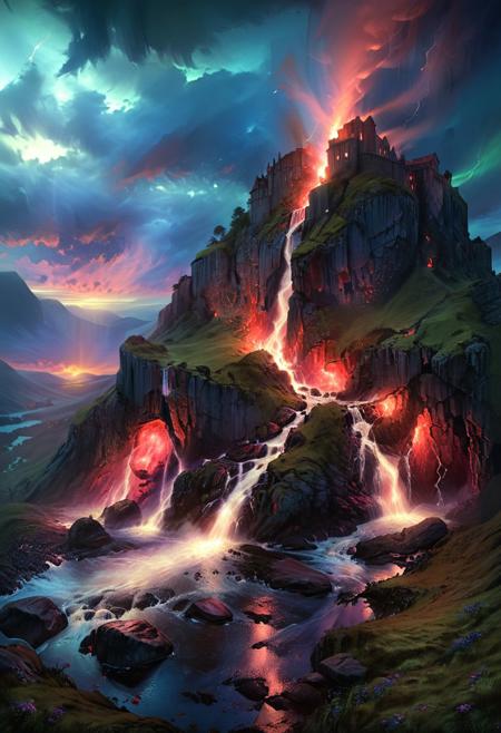 (by Ellen Jewett:1.5), (Red Bioluminescent Impressionism, Scottish highland  landscape, Flow in the Name of blue fire* *Channel_42* *中* *Broadcasting* *Artificially_Atypically_Autistically* *Magnetic**Synesthesia* *lightning*, The Dreamland, green earth, heather, sky sunset, sunrise ,waterfall, great castle on a crag, Crag, highland mountains, ethereal landscapes, depth of field, biotech emotion:1.3) <lora:xl_more_art-full_v1:0.5> <lora:add-detail-xl:1> <lora:RMSDXL_Creative:2>*Channel_42* ral-wlfnte, PEAnimeBG, scenery