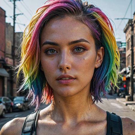 epic realistic, DV_Karah_Vicious, cyberpunk lanscape, ultra realistic, cinematic lighting, ultra detailed, detailed gorgeous face, beautiful girl, olive skin, medium length rainbow hair, simetric face, good anatomy, deusamelada, (Masterpiece:1. 3), (best quality:1. 3), <lora:add_detail:0. 4> <lora:epi_noiseoffset2:0. 4> <lora:hairdetailer:0. 6> <lora:more_details:0. 3> <lora:add-detail-xl:1. 2> <lora:DetailedEyes_V3:1. 2> <lora:sd_xl_offset_example-lora_1. 0:1. 2>, (natural skin texture, hyperrealism, soft light, muted colors), background, rutkowski, rim light