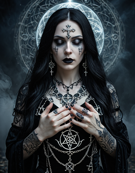 (amazing transcendental's dream:3.5) The photo depicts a powerful gothic sorceress,her face partially hidden by her elegantly adorned hand. She has pale,slender fingers,on which several silver magical rings,set with dark gemstones like onyx and amethyst,glimmer. Her hand is decorated with mysterious tattoos that seem to pulse with a dark energy.She wears a gothic ensemble,a black velvet dress richly embroidered with occult patterns. Her long black hair frames her pale face,and her eyes,accentuated with dark makeup,shine with an intense light. Large silver necklaces,with pendants shaped like crosses and ancient symbols,rest on her chest. The background is misty,with shadows dancing around her,enhancing the mystical and sinister atmosphere of the scene,(maximum ultra high definition image quality and rendering:3),maximum image detail,maximum realistic render,(((ultra realist style))),realist side lighting,8K high definition,realist soft lighting,(amazing special effect:3.5),