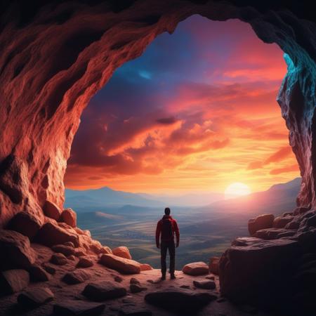 photograph Dramatic View of Adventurous Man standing inside a rocky and rugged cave looking over the Mountain Landscape. 3d Rendering. Colorful Sunrise Sky. Adventure Concept Artwork