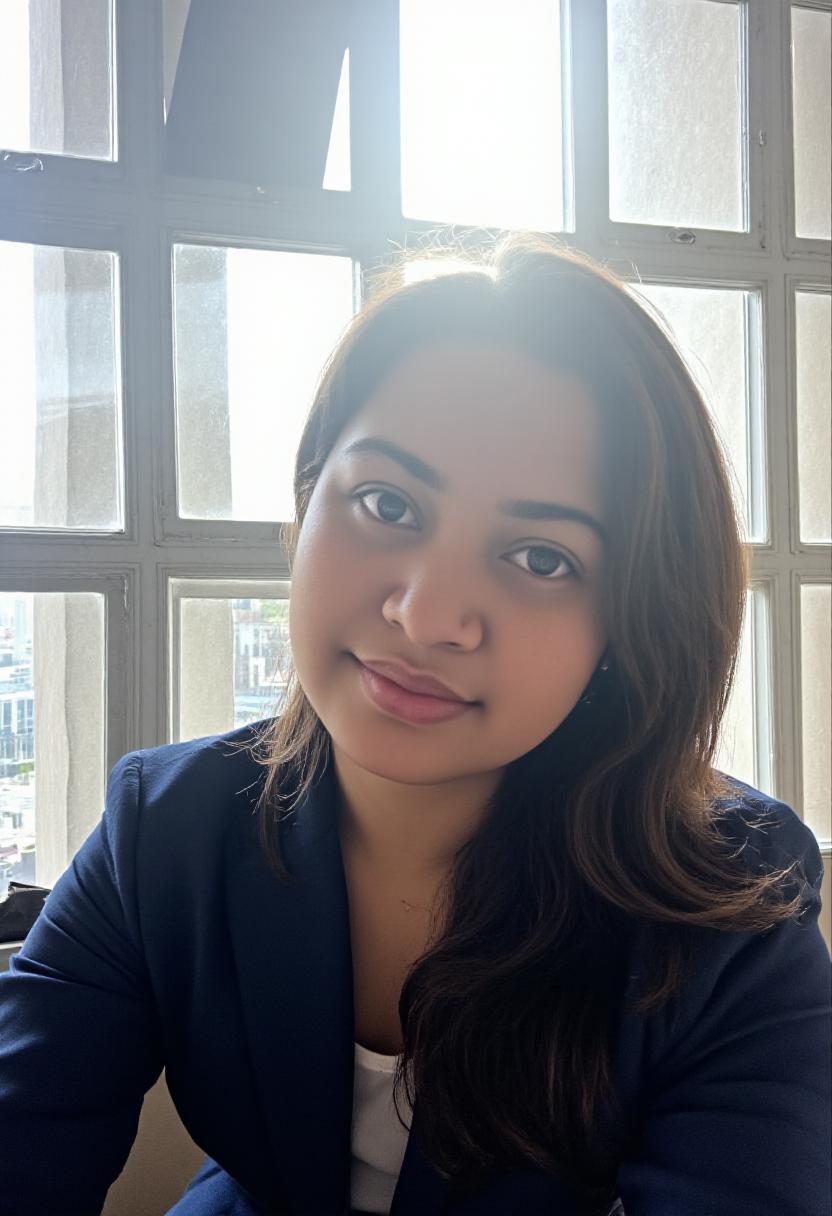 An amateur photo of a 40-year-old asian business woman taking a selfie in front of a window in an office in dhaka. She is wearing a navy blue suit. There is a glare and a lens flair from the early evening sun. It is partly cloudy