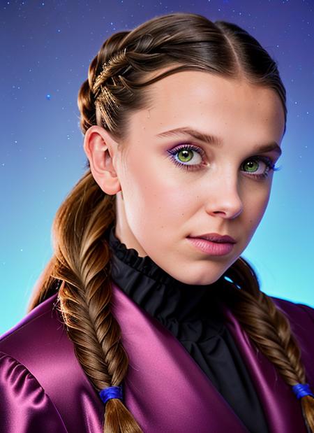 portrait of skswoman, bad , wearing velvet , with Fishtail braid , background space station epic (photo, studio lighting, hard light, sony a7, 50 mm, matte skin, pores, colors, hyperdetailed, hyperrealistic), <lyco:Millie Bobby Brown:1.1>