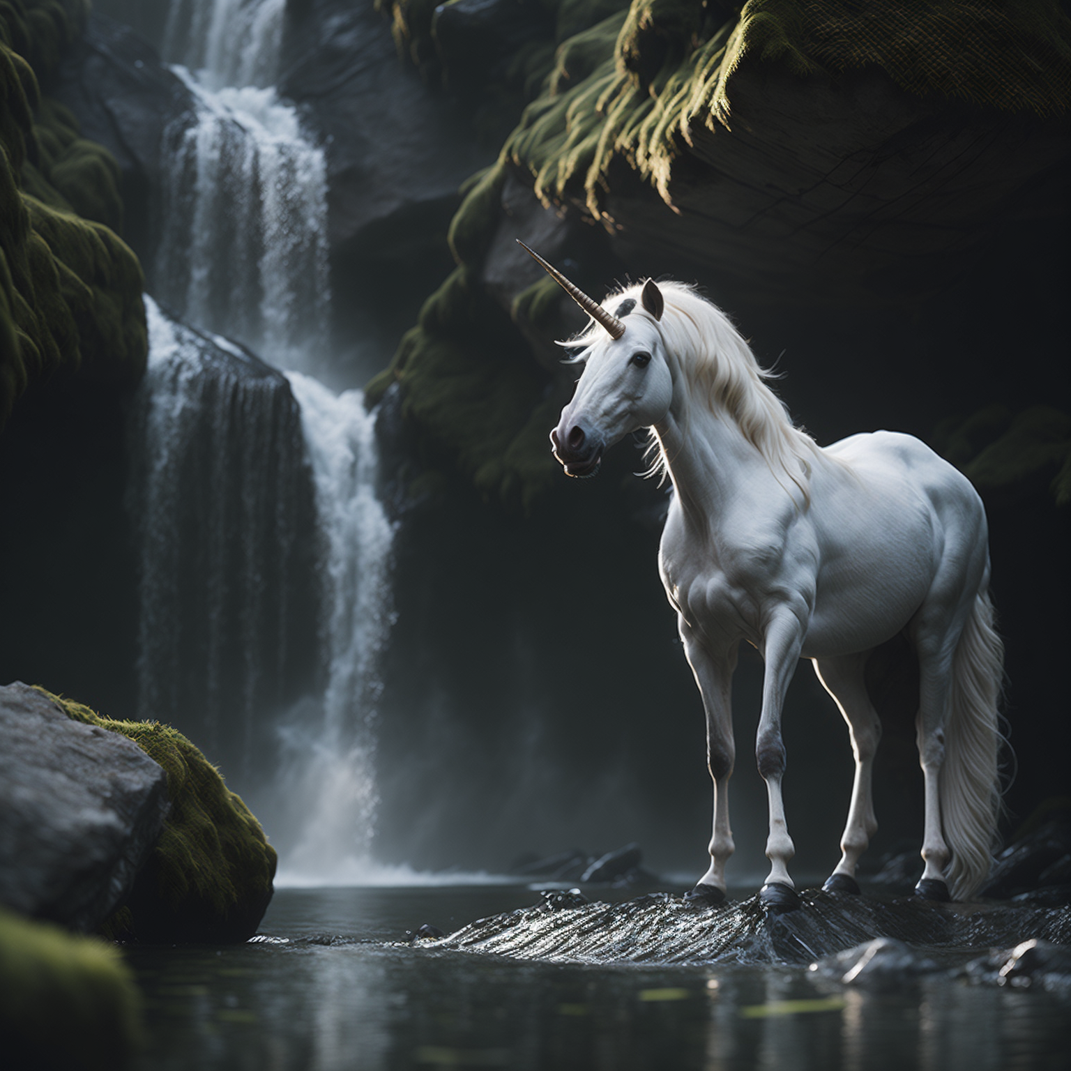 Split lighting shot of Unicorn in Waterfall hikes, photorealistic, cinematic lighting, volumetric lighting, dark atmosphere
