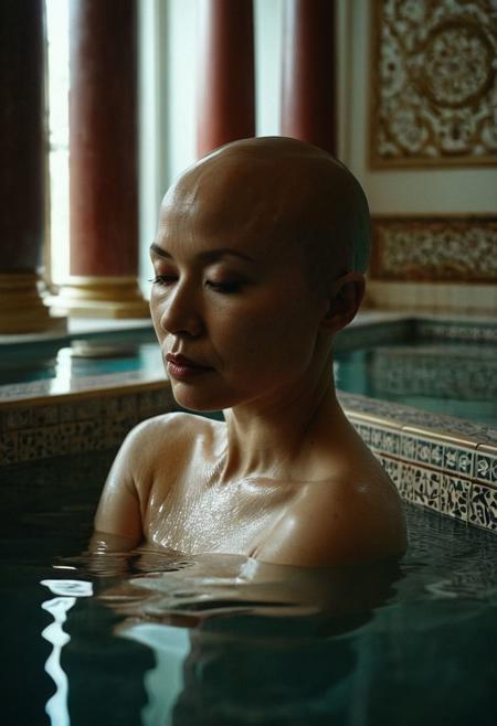 Analog nude portrait photo, 2girls, nude, (1girl beautiful elegant chubby 45 year-old Asian woman), (shiny scalp)(bald head:2), sensuously stroking the (bald head:2) of (1girl, beautiful petite pale freckled 25 year-old)((redhead European woman))(eyes closed:0.5),   with hands in pool of ornate huge Moorish Bath, columns, skylights, shot from below, dark chiaroscuro lighting, rich dark cool reds and pale muted colors in background, 35mm, realistic, Cinematic Hollywood Film style, high detail, detailed eyes, detailed skin texture, (blush:0.2), (goosebumps:0.3), subsurface scattering, highly detailed skin, skin imperfections, mole, dirty skin, sweat, scar, atmospheric, dramatic, emotional, erotic, sensual, sexy, aroused, rich dark colors, deep shadows, masterpiece, harmonious, vignette, 4k epic detailed, shot on kodak, 35mm photo, sharp focus, high budget, cinemascope, moody, epic, gorgeous, film grain, asz, portrait photo, Art style by Ingres
