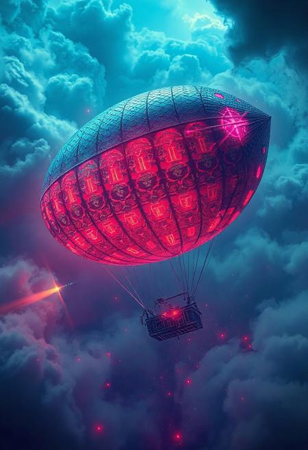 masterpiece, ultra-detailed, top-down view of a trippy neon zeppelin drifting through tangled circuits and misty clouds, reptile-scale patterns glowing under electric stormlight, vibrant colors, no humans