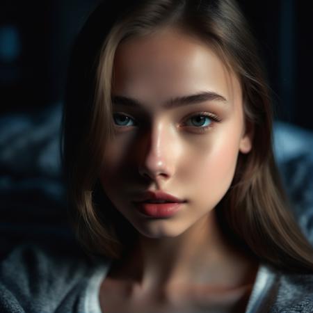 cinematic photo ((photo of 0m4l1a)),very young beautiful girl,14 years old, huge lips, casual outfit, detailed skin,very young, pores, beautiful eyes, high quality,bedroom background, dark lighting, detailed shadows,8k . 35mm photograph, film, bokeh, professional, 4k, highly detailed