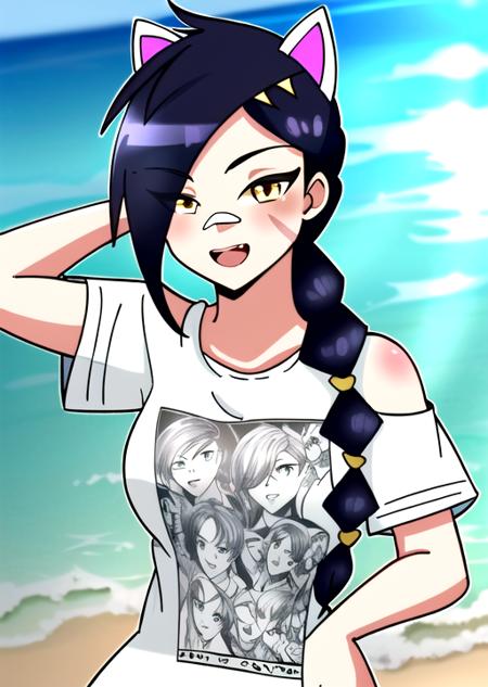 1girl, solo, long hair, looking at viewer, black hair, bandaid on face, yellow eyes, animal ears, smile, bandaid on nose, braid, cat ears, bandaid, bangs, breasts, fake animal ears, open mouth, fang, , bare shoulders, scar, teeth, shirt, bare shoulders, white shirt, short sleeves, closed mouth, t-shirt, hair over one eye, portrait, hair over shoulder, shorts,beach,sun,sandals, breast,<lora:Erisafortnite-09:1>