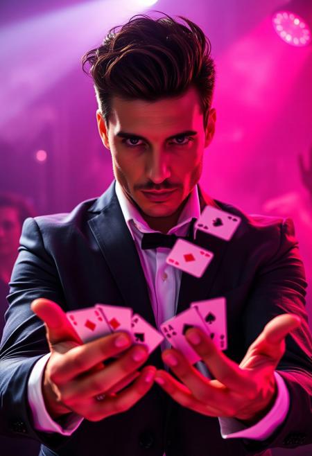 in a 2010 night club, amidst light strobes and smoke, a good looking slick dandy modern magician wearing a casual suit makes the cards fly from one hand to the other while maintaining intense eye contact with the camera, his hands are extended toward the camera with fingers opened, the cards fly in a column like a school of fish, a line of cards twisting in the hair bridging the air from one hand to the other