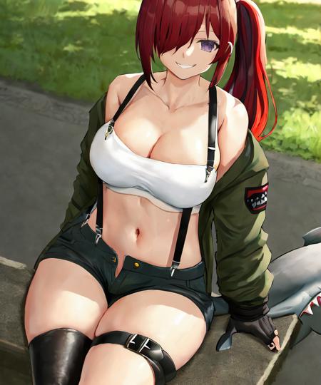 black shorts,multicolored hair,(suspenders:1.2)(,green jacket:1.1),hair over one eye,fingerless gloves,outdoors,sidelocks,thigh strap,looking at viewer,navel,sitting, white  crop top,1girl,hand up,stuffed toy,cleavage,collarbone,bangs,bare shoulders,streaked hair,long hair,thighs, ,,
(white top:1.2), red hair, lain paterson, medium breasts,(stuffed shark:1.1),ponytail,suspender shorts,bandeau,solo,long sleeves,stomach,open fly,short shorts,ear piercing,virtual youtuber,black gloves,off shoulder,midriff, grey purple eyes, (black-streaked hair:0.7), smile