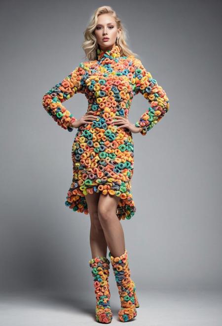 female blonde model wearing a dress made of fruit loops, made of fruit loops high heel boots, intricate meat textures forming the sleek structure, high-detailed, aesthetics, cinematic lighting, simple background, realistic, masterpiece, best quality, highly detailed, sharp focus, dynamic lighting