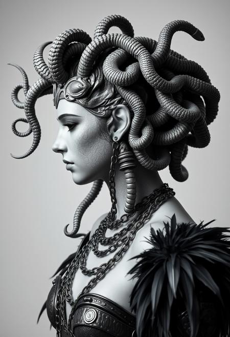 Side view of Medusa, snakes in the hair, chains necklaces, feathers pauldron, hyper realistic, ultra detailed black and white Photography studio style