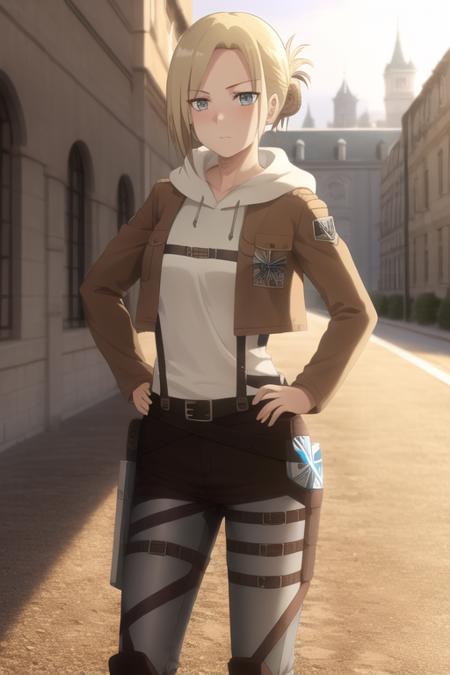 masterpiece, high quality, highres, 1girl, solo,
<lora:Annie-v1-01:1>, blonde hair, short hair, folded ponytail, looking at viewer, (blush:1),
outdoors, field, castle, standing, hand on hip, expressionless,
hood, jacket, belt, hoodie, paradis military uniform, emblem, uniform, three-dimensional maneuver gear, training corps (emblem), large breasts,