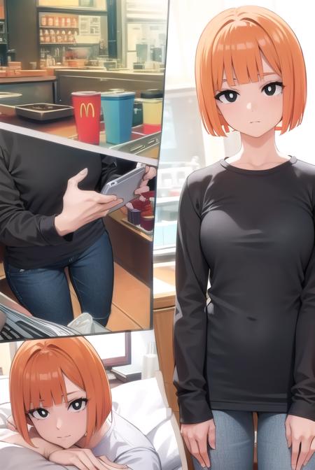 yoru mac, short hair, bangs, (black eyes:1.5), blunt bangs, orange hair, bob cut, smile, (bright pupils:1.5), shirt, long sleeves, pants, sweater, grey pants,