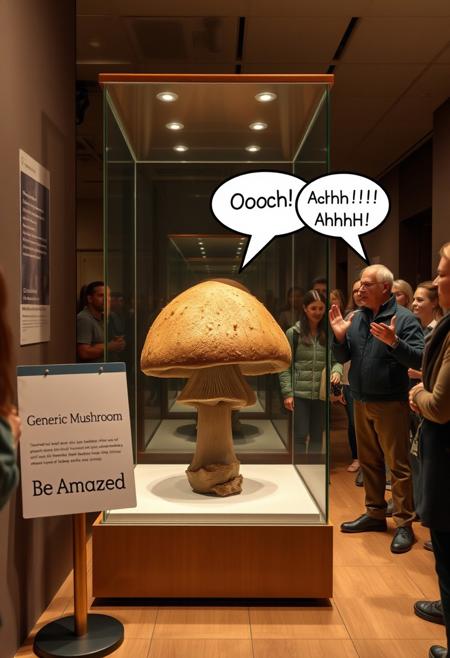 Create a hyper-realistic, hyper-detailed depiction of a museum exhibit featuring a completely ordinary, generic mushroom behind a glass case. A sign next to the exhibit reads "Generic Mushroom" in plain, black letters. A tour guide stands next to the case, gesturing enthusiastically as he says "Be Amazed" to a group of people gathered around him. The group responds with a collective "Ooooh Ahhhh!", their faces filled with exaggerated expressions of wonder and awe. The mushroom itself is a dull, brown color, with no discernible features or characteristics that would make it stand out in any way. Style: hyper-realistic, detailed, satirical. Colors: brown, beige, glass. Highest-Quality, 4k, Masterpiece