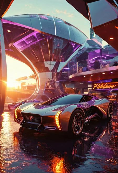 ((70's retrofutursim with Syd Mead art style)), psychedelic world 70's collide with a futuristic vision. a fusion of Vasarely art, Bertone concept vehicles, and sleek architecture, iconic art style of Syd Mead.  blend of retro aesthetics and futuristic utopia, monocoque monorail, a unique realm that is both nostalgic and visionary, futuristic flying car, Blade Runner spinner, evening violet light, sunset, fountains, glowing windows, 1woman, Playboy playmate in bikini