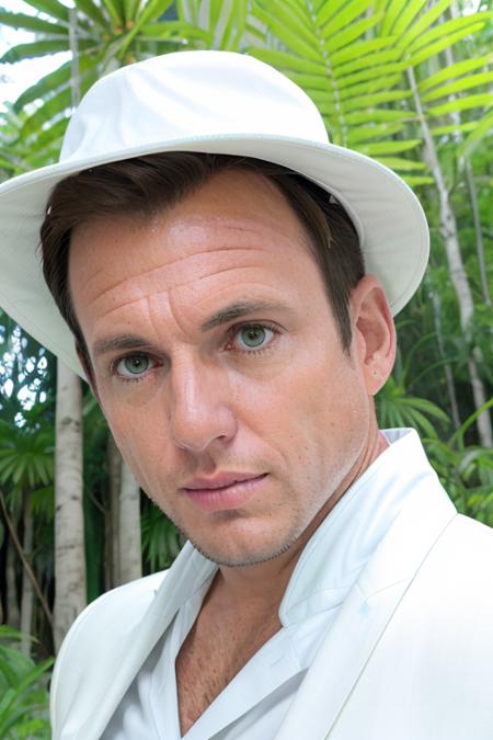 a scared man in a $3000 white suit <lora:willArnett:1> in a jungle paradise, RAW, 8K, UHD, candid, amateur, close up, ((thinking he made a big mistake)), [smiling:0.1]