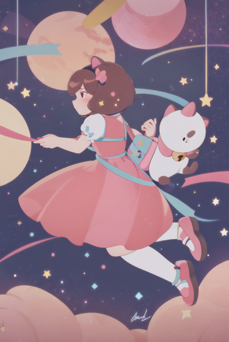 Puppycat,masterpiece, 1girl, dress, brown hair, bell, pink footwear, ribbon, star \(symbol\), cat, pink dress, floating, short hair, profile, space, shoes, bag, star \(sky\), full body, signature, white dress, short sleeves, hair ornament, solo <lora:Puppycat-10:1>