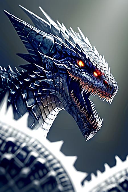 dragon, blurry background, no humans, fangs, open mouth, realistic, scales, teeth,  white and silver theme, breathing fire, cropped, <lora:Dragon_V1:1>