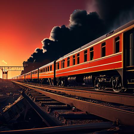 Apocalyptic realism of a train catching fire amidst a backdrop of destroyed industry under a menacing red sky, symbolizing decline and destruction. The atmosphere conveys a sense of despair and loss, with the industrial ruins adding to the scene's grimness, executed by artists known for their stark, realistic portrayals of dystopian themes, cinematic composition, trending on ArtStation. <lora:juggernautXL_v9Rdphoto2Lightning:1> <lora:epiCRealismHelper:0.63>, aerial photography, drone photography, sweeping landscapes, unique perspectives, epic scale, capturing from above, revealing hidden beauty, showcasing vastness, immersive experience, precise compositions, expert piloting, dynamic angles, cinematic storytelling, showcasing natural wonders, aerial exploration, architecture photography, striking structures, clean lines, geometric shapes, dramatic angles, play of light and shadow, capturing architectural details, showcasing design elements, evoking mood, professional lighting, precise compositions, emphasizing scale and proportion, creating depth, architectural storytelling, capturing iconic landmarks, immersive experience, Cinematic photography, movie mood, cinematic light, compelling composition, storytelling elements, conveys emotion, mood, and narrative depth, creating visually striking images that feel like still frames from a film, documentary photography, capturing reality, social issues, human experiences, photojournalistic storytelling, candid moments, authentic narratives, raising awareness, documenting history, preserving cultural heritage, immersive storytelling, evoking empathy, powerful imagery, journalistic integrity, Art Deco illustration style, elegant and geometric designs, streamlined and symmetrical compositions, embodies the glamour and sophistication of the Art Deco era, influenced by modernism and machine aesthetics