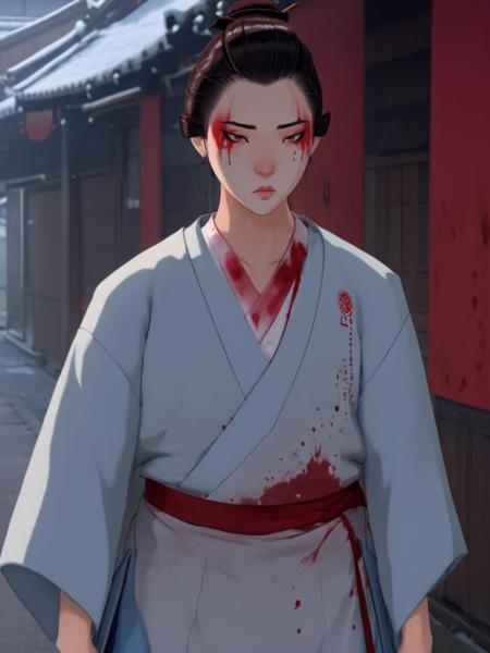 full color drawing  of  Mizu, blood,makeup,looking down,blood on face,blood on clothes,clad in a grey jinbei, empty street, Edo period, full body, epic character composition,by ilya kuvshinov, manon bailly, drawing  <lora:BlueEyeSamurai:1>   <lora:epiNoiseoffset_v2:1>