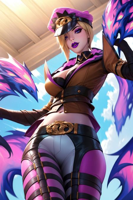 soul fighter evelynn, 1girl, cropped jacket, hat, pants, short hair, blonde hair, cleavage, purple lips