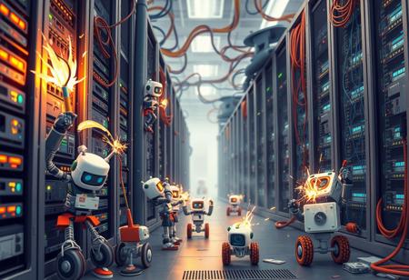 A whimsical scene of a data center in chaos. Tiny, adorable robots climb server racks with tools and roll on wheels carrying parts and cables. Sparks fly from overheated servers as the robots work under the soft glow of blinking server lights and colorful cables. Larger robots oversee the smaller ones, coordinating their efforts.