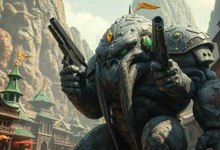 "Immerse yourself in the epic scene of a colossal Gorgonic Golem standing guard in an ancient city. This 4K, hyper-realistic artwork showcases the Golem's detailed face, adorned with green and yellow accents, and equipped with two guns. The city's buildings, including a green one with a white roof, contrast the gray surface, enhancing the playful setting. The Golem's dynamic action pose, vivid emotions, and captivating lighting bring this cinematic masterpiece to life, making it perfect for CGSociety or Artstation's trending page. Experience the intricate detail and photorealistic quality with dynamic lighting and coherent artwork."