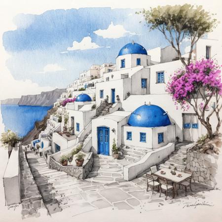 Architecture sketch, traditional house in Santorini with blue domes and windows, inspired by the traditional architecture of Santorini, heavy watercolor with splash effect, heavy black lines on white paper, trees, walkway with restaurants in foreground, Bougainvillea float over the house to spread serenity, vibrant surrounding, <lora:HandSketcher-XL:0.70>