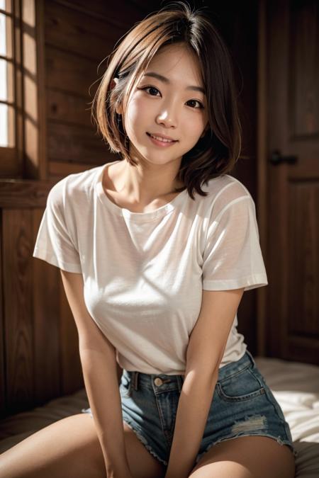 face focus, soft light, (depth of field) , moody lighting,night,upper thigh,cinematic lighiting, japanese 1girl, solo, cute,highres, smile, natural realistic skin, short hair,bronde hair, white t-shirt,miniskirt,