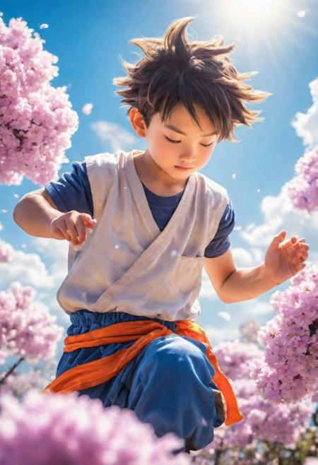 a clouse-up masterpiece illustration of a boy playing dragon ball series nimbus, blue sky, sunlight, bloom, bokeh,
