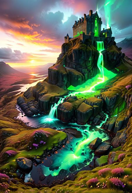 (by Ellen Jewett:1.5), (Bioluminescent Impressionism, Scottish highland  landscape, The Dreamland, green earth, heather, sky sunset, sunrise ,waterfall, great castle on a crag, Crag, highland mountains, ethereal landscapes, depth of field, biotech emotion:1.3) <lora:xl_more_art-full_v1:0.5> <lora:add-detail-xl:1> <lora:RMSDXL_Creative:2>*Channel_42*