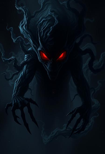 "Hyper-realistic depiction of a shadowy creature, its presence warping the fabric of reality around it. The creature's form is shrouded in darkness, with tendrils of shadowy energy snaking out from its body like living darkness. The air around it appears to ripple and distort, as if reality itself is bending to accommodate its presence. The background is a deep, inky black, with hints of stars and galaxies visible through the distortions. The creature's face is a void of pure darkness, with no discernible features except for two glowing red orbs that seem to burn with an otherworldly energy. Style: extremely detailed, hyper-realistic, and mind-bendingly surreal, with a focus on capturing the eerie, unsettling atmosphere of a reality-bending entity."