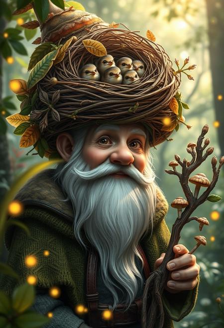 "Hyper-realistic depiction of a magical forest gnome, surrounded by lush, vibrant foliage and twinkling fireflies. The gnome's hat is a remarkable sight - a intricately woven bird's nest, complete with twigs, leaves, and feathers, and home to a brood of adorable baby birds. The birds' beady eyes peek out from the nest, and their tiny beaks open wide as they chirp for food. The gnome's face is a picture of gentle, wise kindness, with a long white beard and a twinkle in his eye. He wears a moss-green cloak and carries a staff made from a living tree branch, adorned with tiny, glowing mushrooms. The atmosphere is one of peaceful, enchanted wonder, with dappled sunlight filtering through the trees and a soft, earthy scent wafting through the air. Style: extremely detailed, hyper-realistic, and whimsically fantastical, with a focus on capturing the intricate textures and patterns of the natural world."