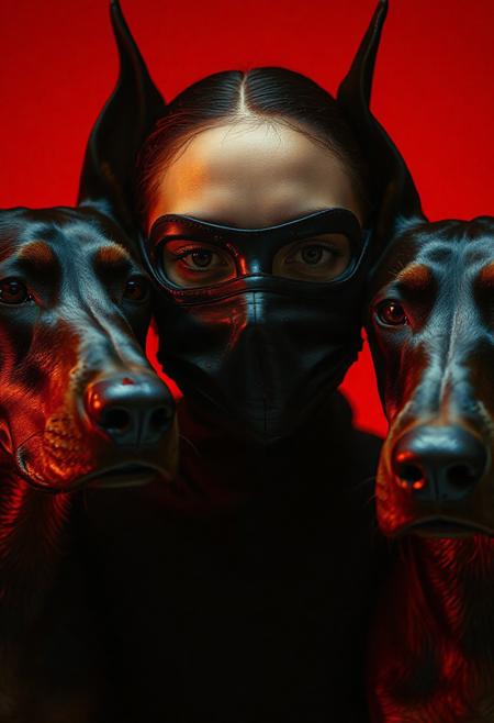 ultra cinematic shot, three black dobermans, ultra detailed, surrounding a masked fashion girl and an expressionless face, slick with sweat, predatory and intense gaze, dramatic directional lighting, harsh shadows, minimal immersive ambient, solid red background, in the style of Chris Cunningham, psychological-thriller tone, electric tension, gritty atmosphere, suspenseful, 35mm lens, cinematic realism, mysterious, dangerous and magnetic vibe