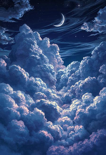 "Vertical 9:16 anime-style night sky scene in ultra-detailed 4K resolution. Towering layers of sharp, high-definition cumulonimbus and cirrus clouds painted in deep violet, sapphire blue, and inky midnight hues. The clouds have complex structures: jagged edges, high contrast shading, volumetric depth, and internal turbulence. Fine-tuned cel shading with rich watercolored gradients and hyper-realistic edge lighting.
Pockets of silver moonlight illuminate the highest cloud peaks, casting soft glows and sharp shadows onto lower cloudbanks. Misty atmospheric layers weave between cloud strata, adding haze, transparency, and volumetric depth. Subtle twinkling stars peek through upper gaps. A crescent moon partially hidden behind layered clouds adds mystique and contrast.