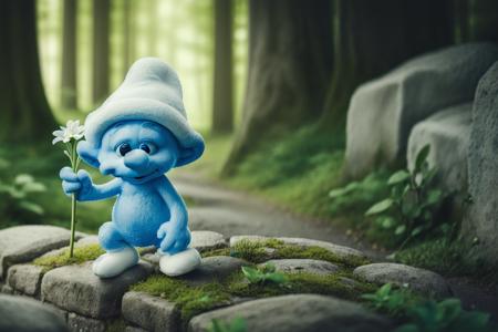 a photo of a tiny smurf (Smurfling:1.0) with a white hat and white pants and white shoes on and a blue face and arms, in a fantasy forest at night, sitting on a cobble stone wall, holding some flowers in it's hand