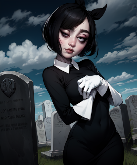 Susie,short hair,bags under eyes,pale skin,wavy mouth,black eyeliner,black eyes,(right eye half closed),(left eye open:1.3),
black dress with white collar,long sleeves,long white gloves,black hair ribbon,cowboy shot,
standing,upper body,
cemetery,night,cloudy,
(insanely detailed, beautiful detailed face, masterpiece, best quality),solo,<lora:Susie-10TO:1>,