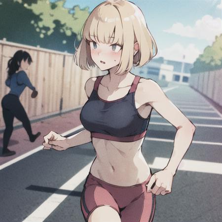 (masterpiece, best quality, detailed), 1girl, solo, (uchi-emiri:1), blush, wide opened eyes, sport bra, gym, (running), <lora:uchi-emiri-10-v2:0.7>